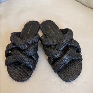 Crossover Raffia Slide Sandals – Black Herringbone Raffia